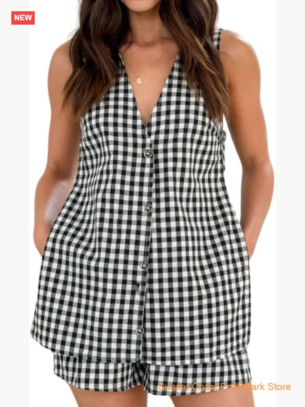 Women's 2 Piece Gingham Vest and Shorts Matching Summer Outfit Set